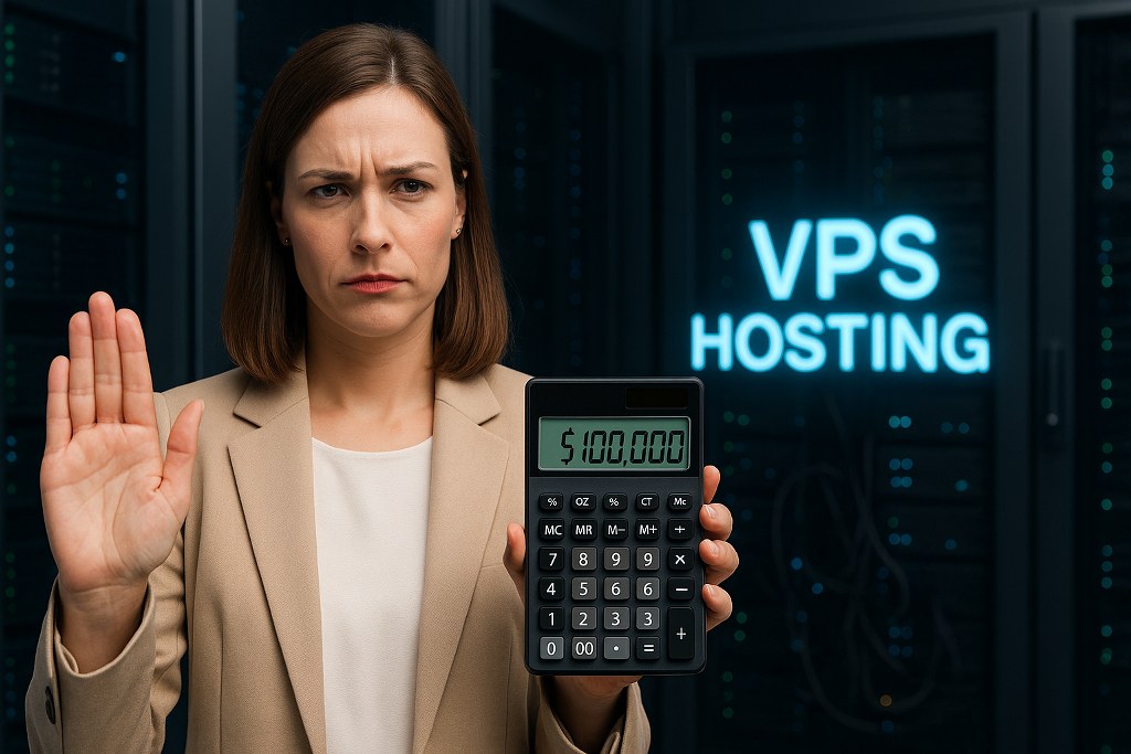 A businesswoman stands in a data center holding a calculator that displays $100,000