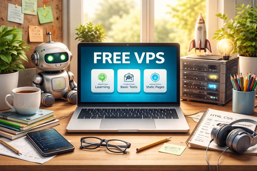 A clean, calm workspace showing a free VPS used for learning