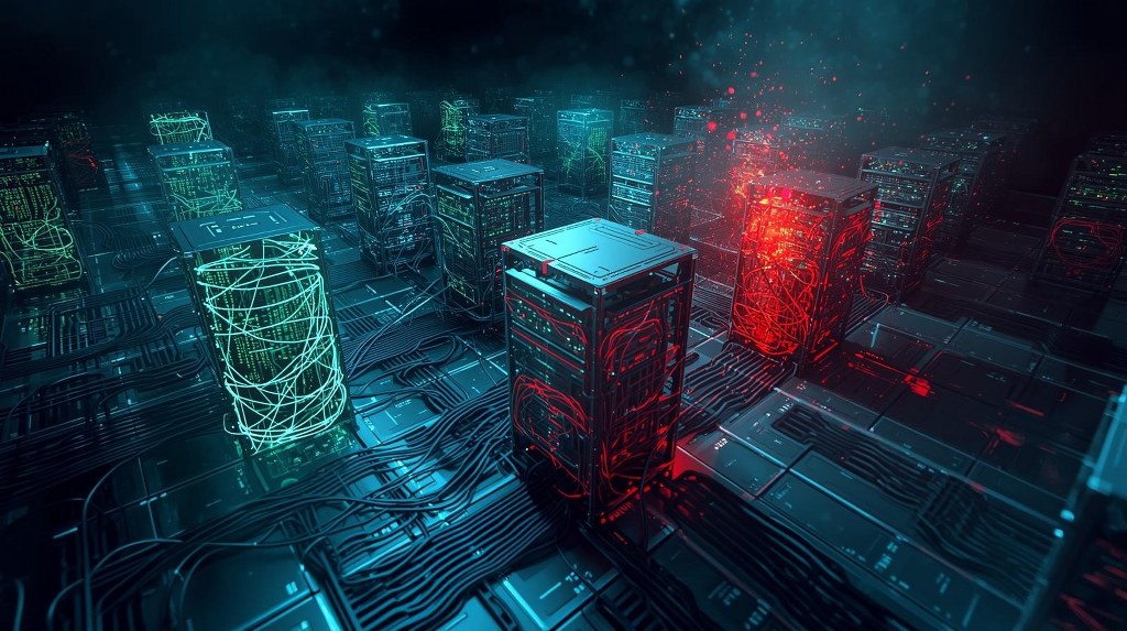 A complex network of interconnected servers represented by glowing, intricate server racks.