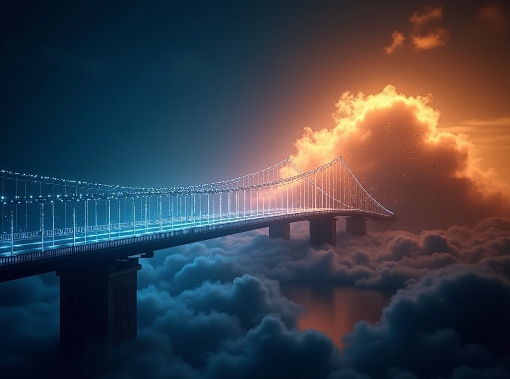 A conceptual image of a private data center and a public cloud connected by a digital bridge, illustrating a hybrid cloud.