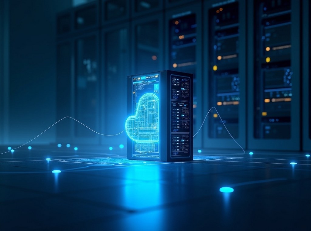 A conceptual split-screen image showing cloud deployment blueprints on one side and a realized service model on the other.