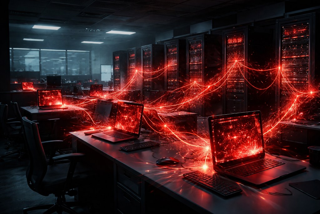 A corporate network compromised by ransomware.