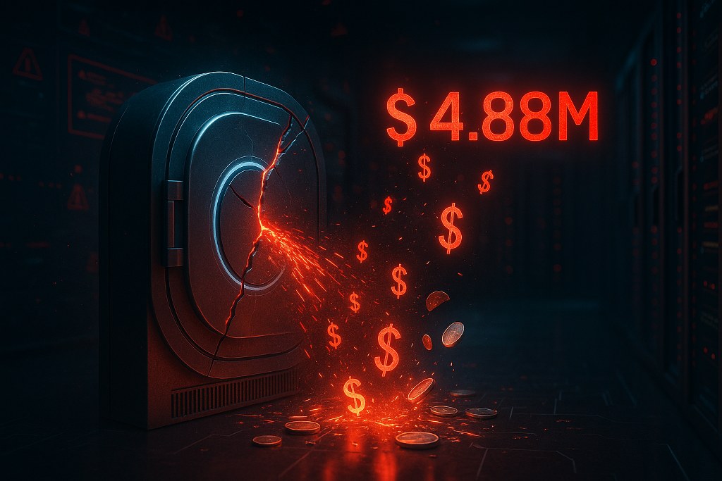 A cracked digital vault leaks glowing red data and falling money, highlighting a $4.88M breach.