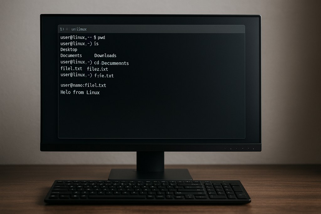 A desktop monitor displays a Linux terminal on a dark-themed screen.