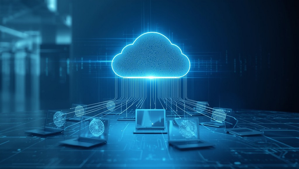 A digital cloud icon or glowing holographic cloud floating above multiple devices.
