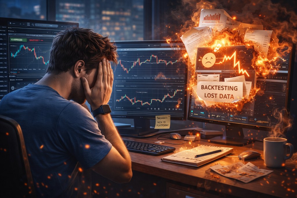 A distressed trader realizes years of backtesting data are gone after a failed platform migration, highlighting the high cost of poor backup planning.