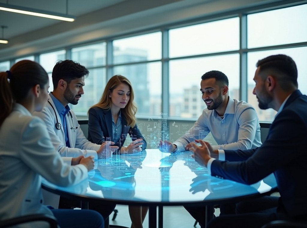 A diverse group of professionals from different industries collaborating around a holographic interface, representing a community cloud.