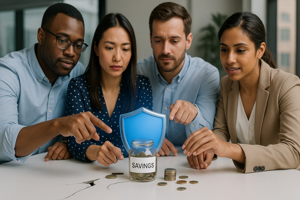 A diverse office team surrounds a savings jar protected by a shield, symbolizing cost savings from managing VPS in-house.
