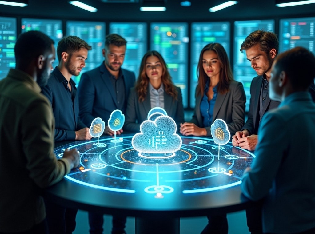 A diverse team of IT professionals managing a multi-cloud strategy on a futuristic holographic display.