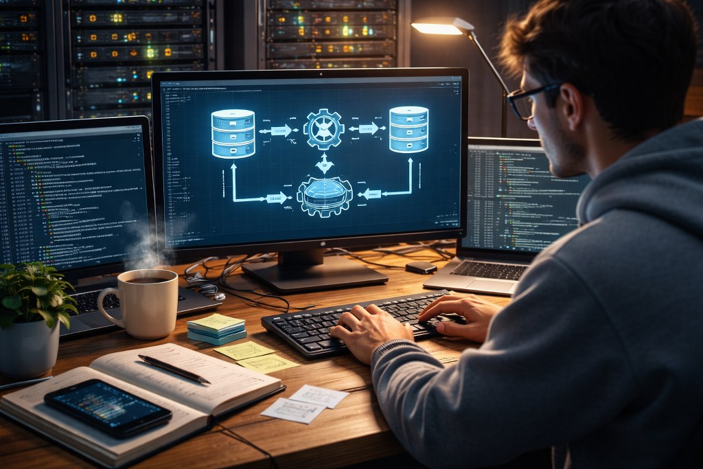 A focused professional working late at a multi-screen setup, transforming and moving data through SQL pipelines in a realistic ETL workflow environment.