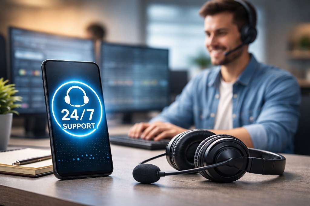 A friendly support agent providing reliable 24-7 phone assistance in a modern help desk environment.