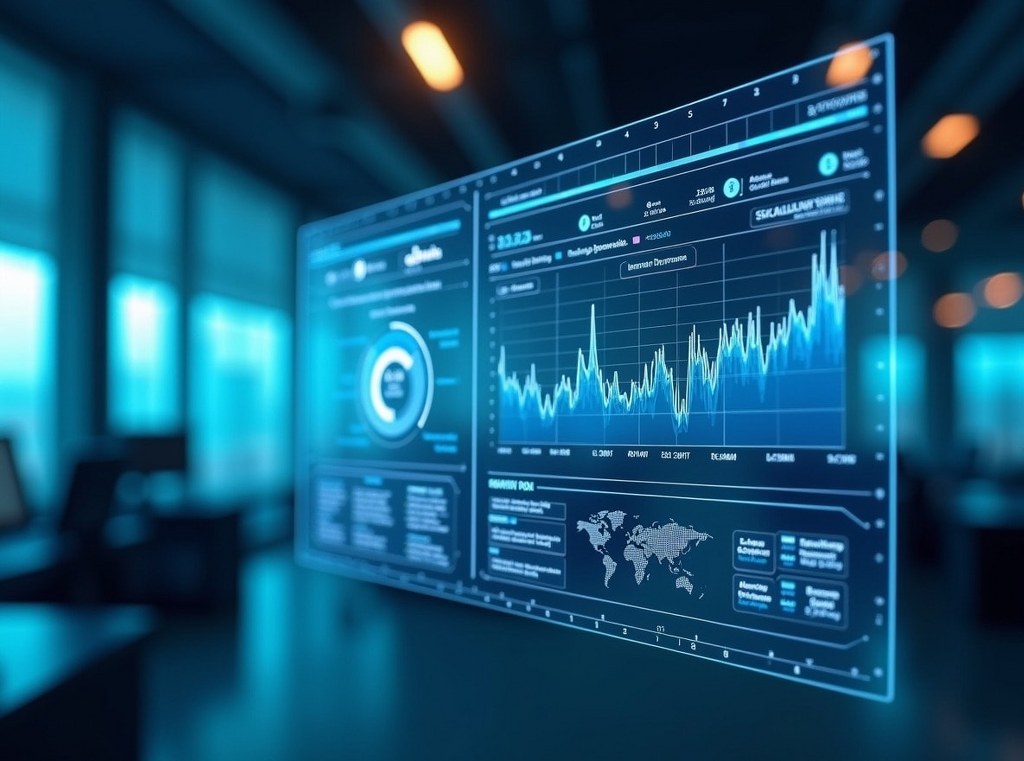 A futuristic dashboard on a transparent screen comparing the performance and cost of different cloud deployment models.