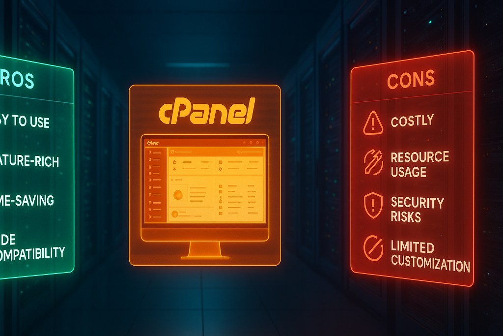 A futuristic split comparison showing cPanel