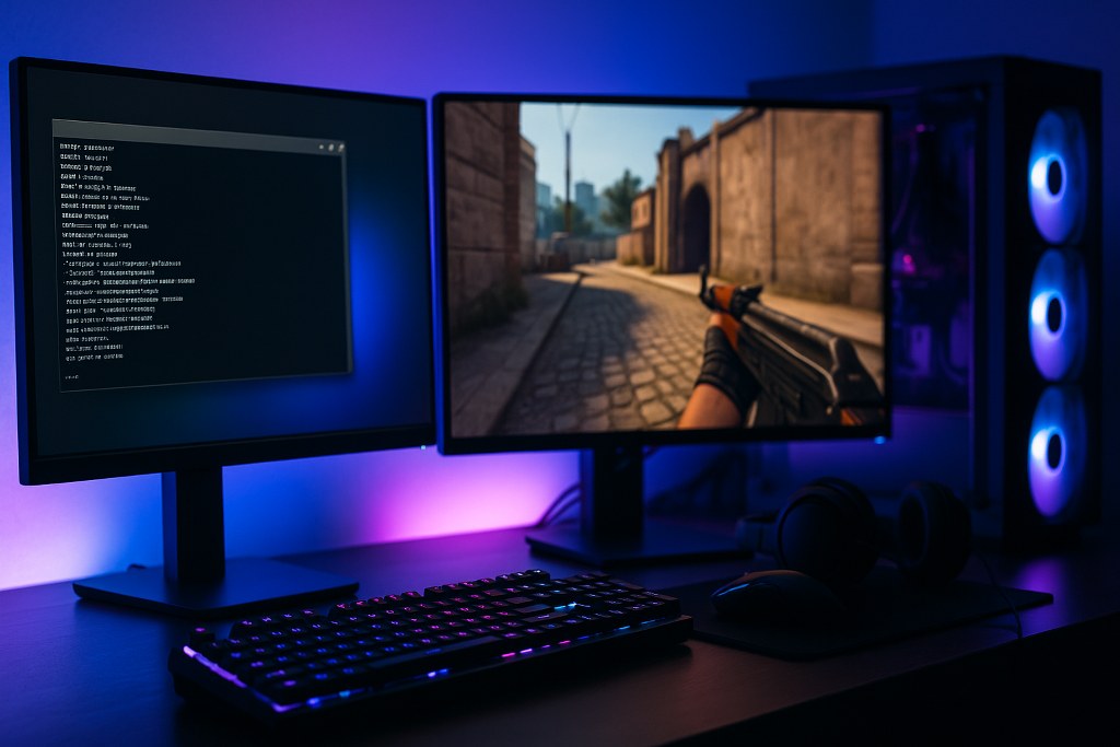 A gaming PC runs a private Counter-Strike style server while the game plays on a dual-monitor RGB setup.