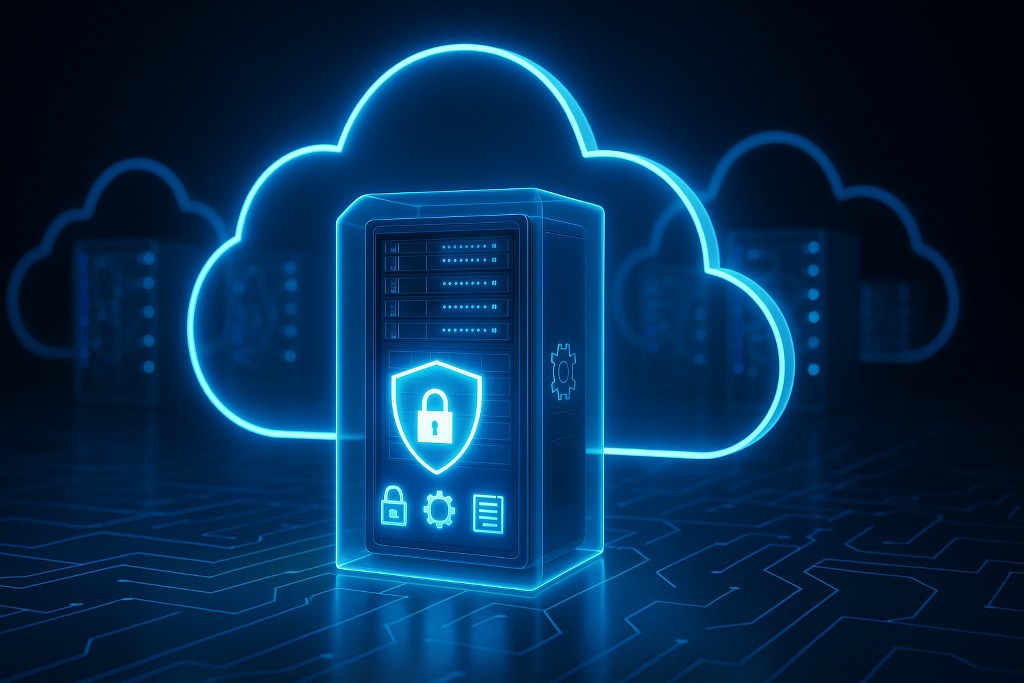 A glowing cloud protects an isolated VPS server while other servers float separately in the background.