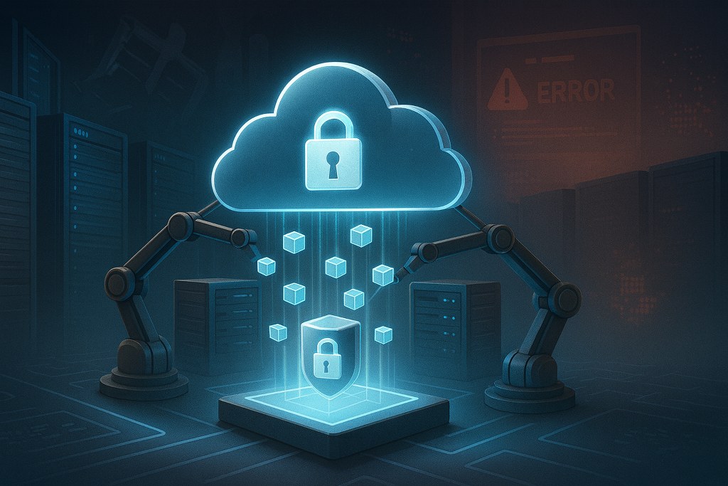 A glowing cloud vault in a dark server room receives floating data cubes as robotic arms organize them