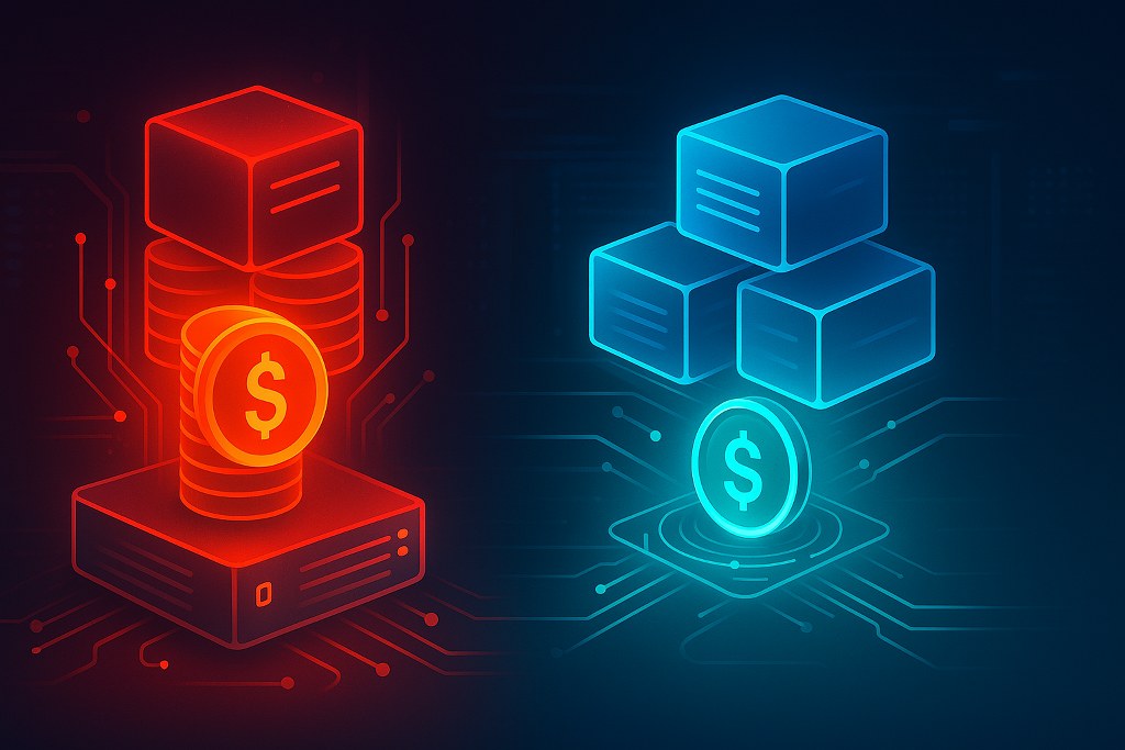A glowing red server with stacked coins represents costly dedicated hosting