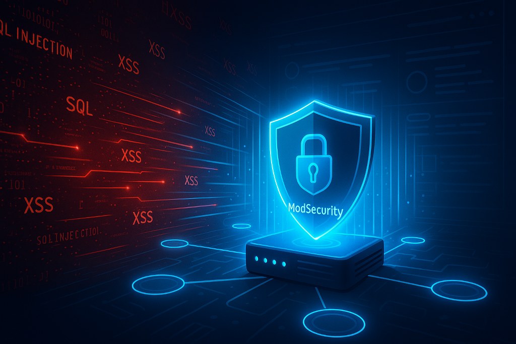 A glowing shield protects a network hub as red cyber-attacks rush toward it