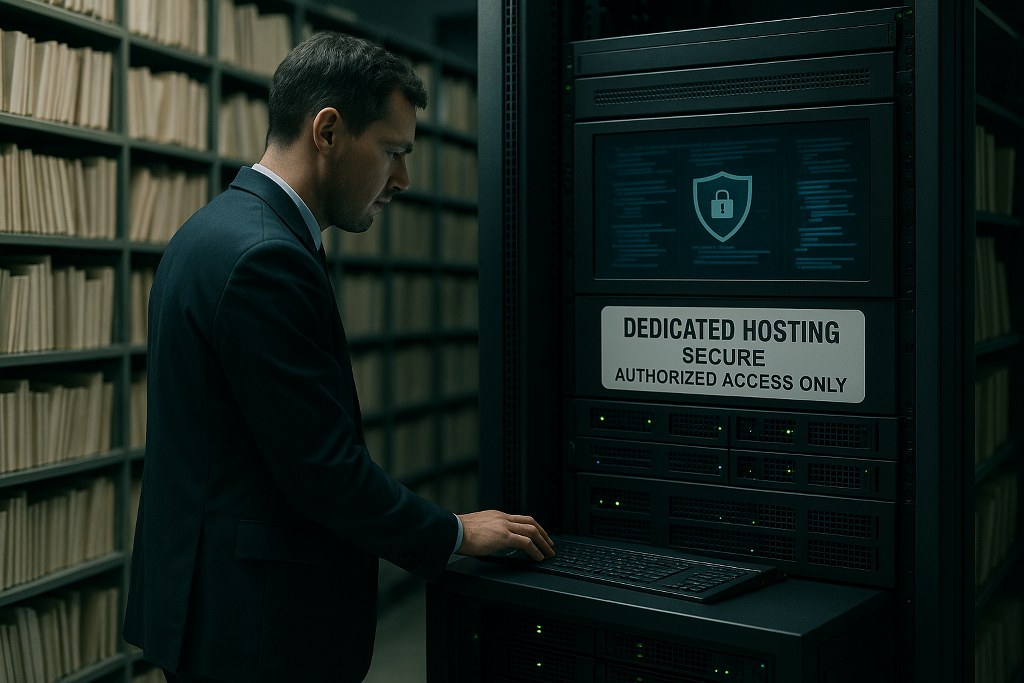A government worker secures sensitive records using dedicated hosting in a restricted server room.