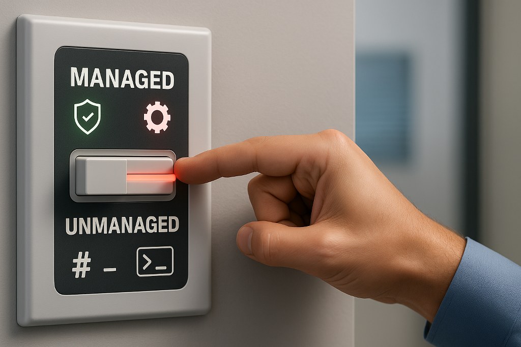 A hand flips a wall switch from Managed to Unmanaged, symbolizing switching VPS management levels.