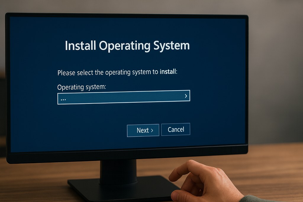 A hand installs an operating system from a BIOS setup screen on a modern monitor.