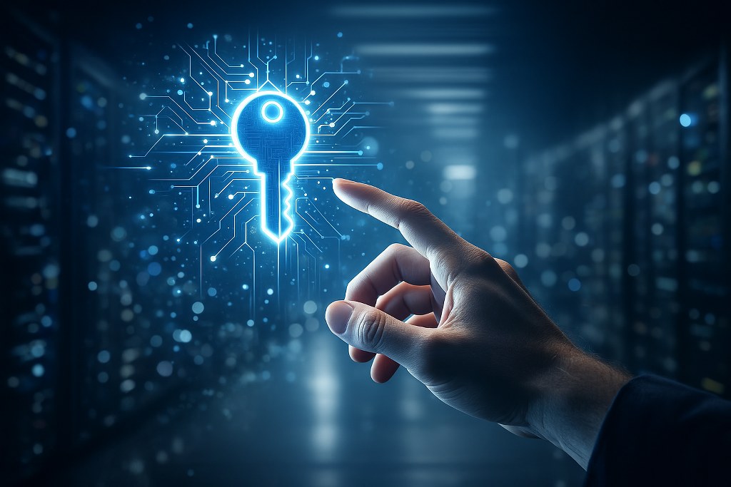 A hand reaches toward a glowing digital key in front of a laptop