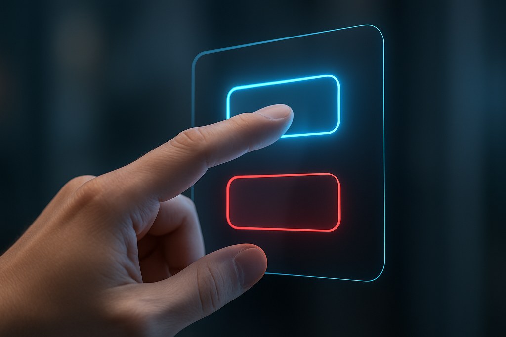 A hand touches a glowing blue button on a transparent panel