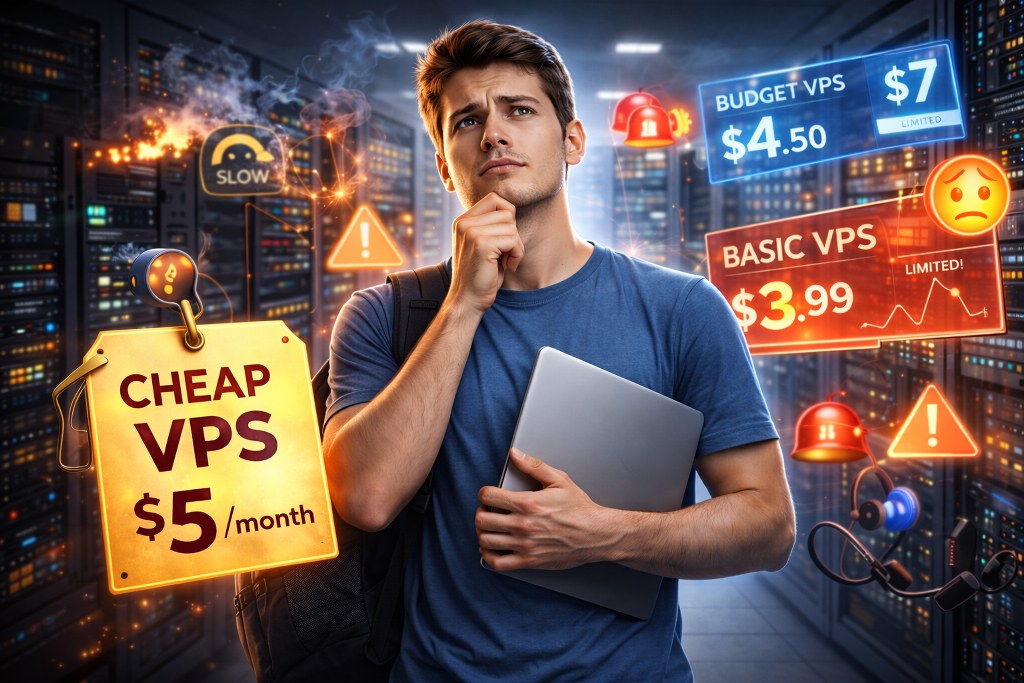 A hesitant choice driven by low prices, highlighting the risk of selecting a VPS based on cost instead of performance and reliability.