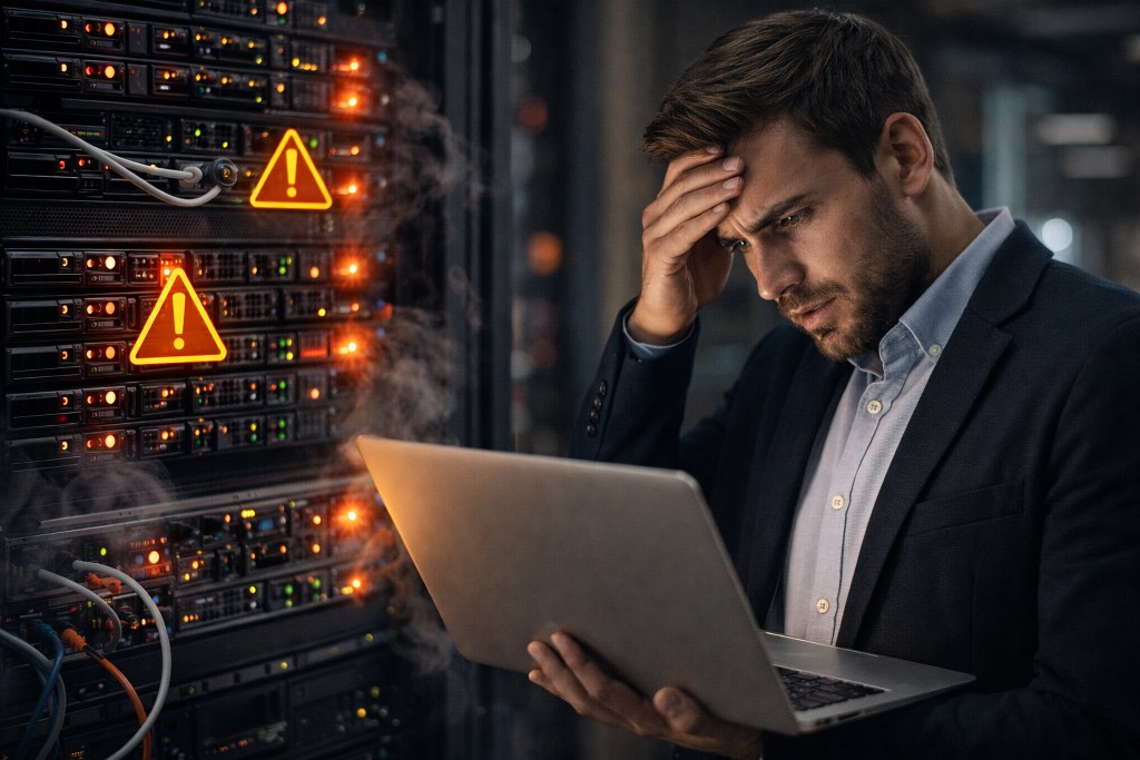 A high-risk server environment showing why free tiers can fail when performance and data truly matter.
