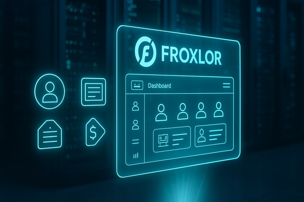 A holographic Froxlor panel floats in a server room