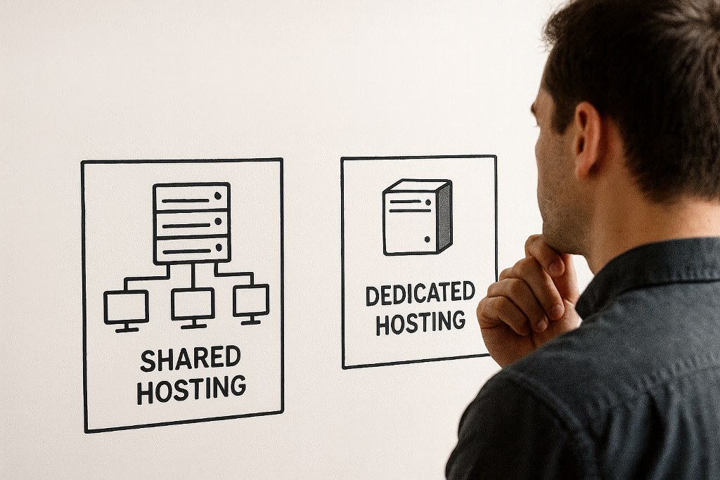 A man thoughtfully compares shared hosting vs. dedicated hosting diagrams on a wall.