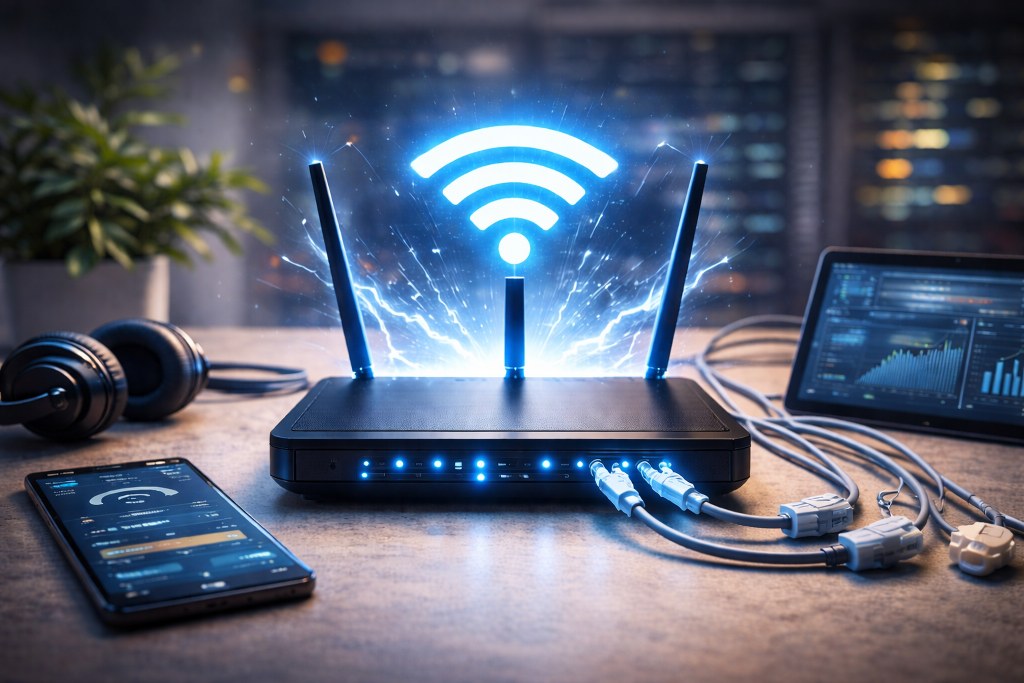 A modern network setup with glowing indicators and connected devices, symbolizing a fast, reliable, and uninterrupted internet connection.