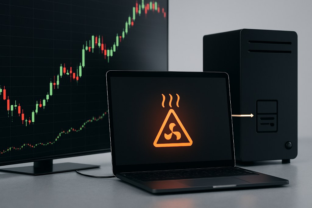 A monitor displaying live trading metrics alongside a laptop indicating server overheating.