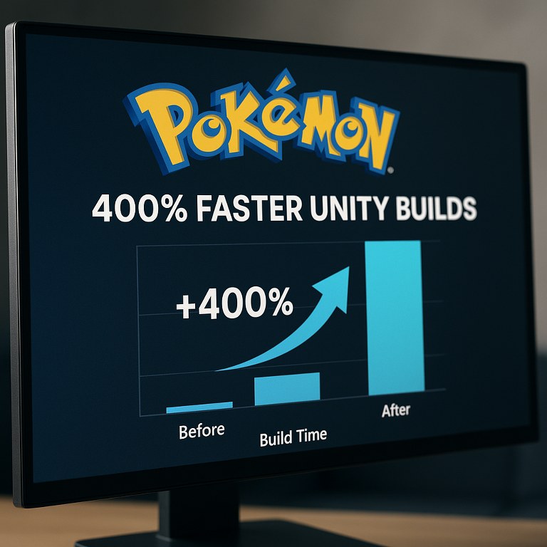 A monitor displays the Pokemon logo and showing unity builds.
