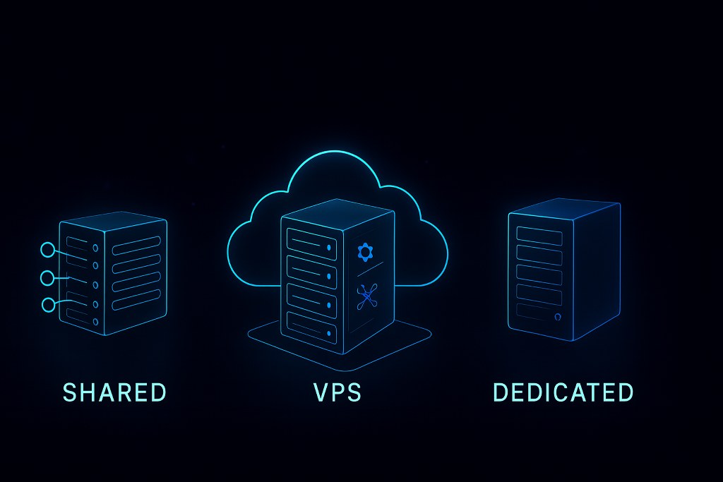 A neon-style graphic compares shared hosting, VPS