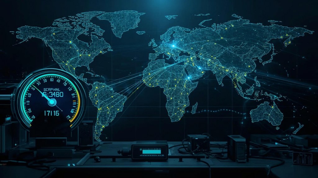 A network testing setup showing speed measurement and global data center reach for optimal connectivity.