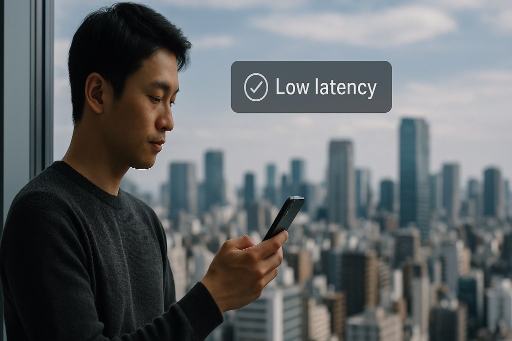 A person in Tokyo uses a phone with a fast, low-latency connection indicated on screen.
