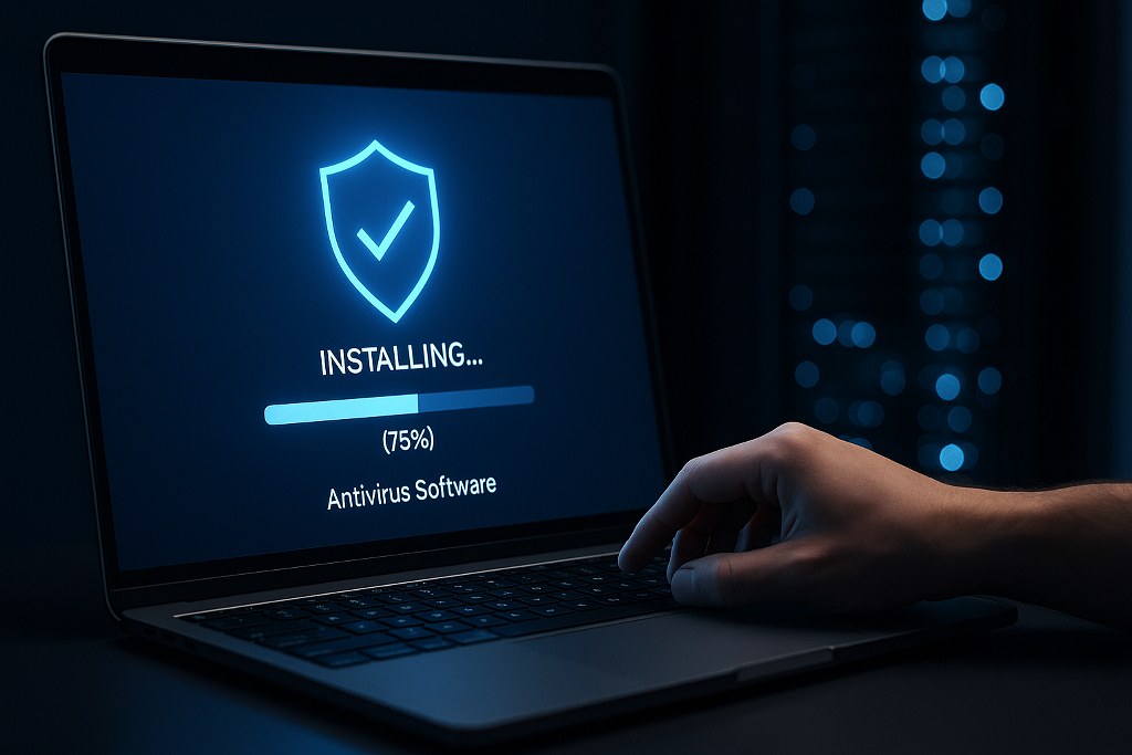 A person installs antivirus software on a laptop