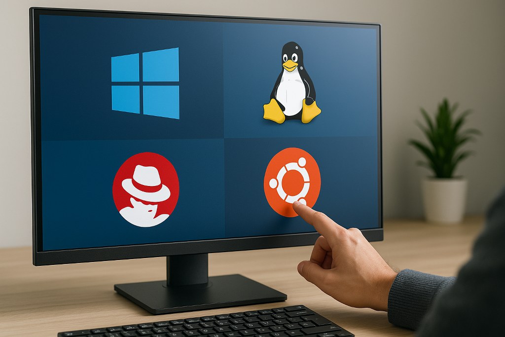 A person selects an operating system icon on a computer monitor.