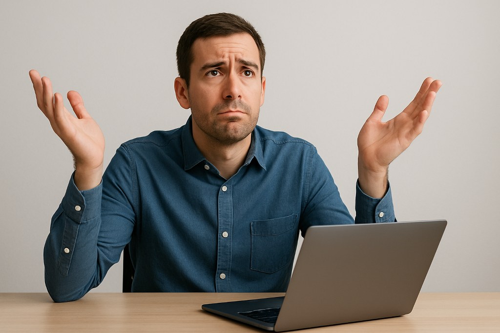A person sits at a laptop with both hands raised in confusion, appearing to be thinking or trying to decide what to do.