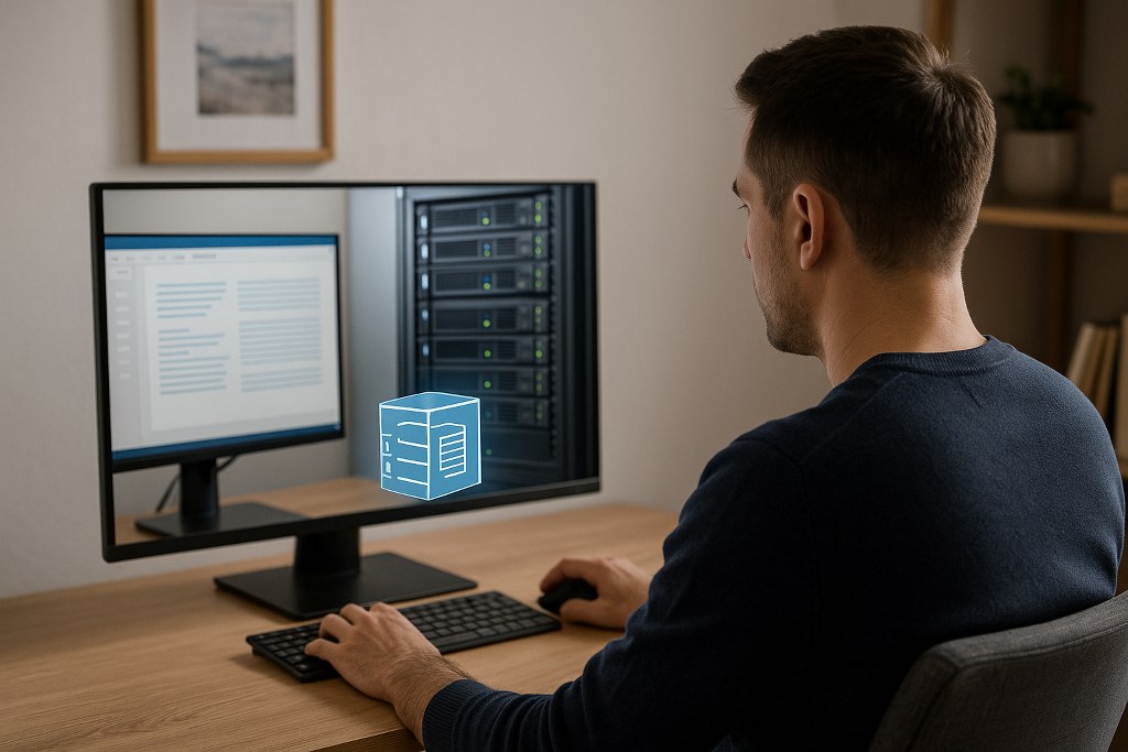A person works from a home office while remotely monitoring a server rack on a split-screen display.