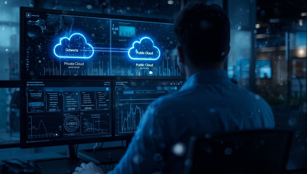 A professional IT engineer or network analyst in a modern control room or office, looking at multiple monitors.