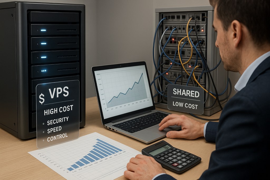 A professional evaluates VPS vs. shared hosting costs, comparing a sleek, secure server with a low-cost, cluttered one while analyzing performance data on a laptop.