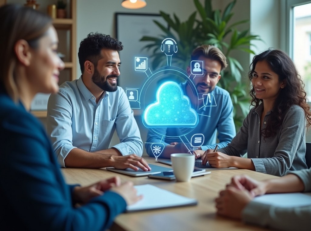 A racially diverse global team collaborating in real-time on a project, connected by a central cloud network.