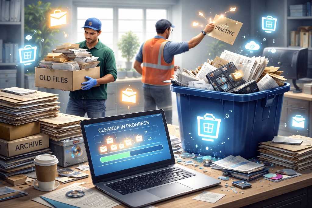 A realistic cleanup scene showing old files and inactive data being removed to prepare for a faster, more efficient transfer.