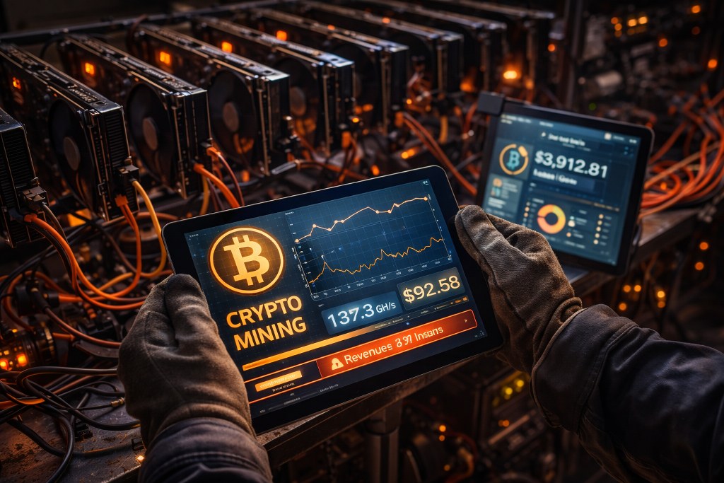A realistic crypto mining scene monitored through tablets, showing active mining rigs and live performance data without using computers.