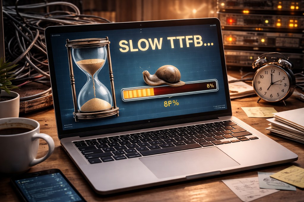 A realistic scene showing delayed server response, with visual cues like a slow progress bar and waiting elements that convey increased Time to First Byte.