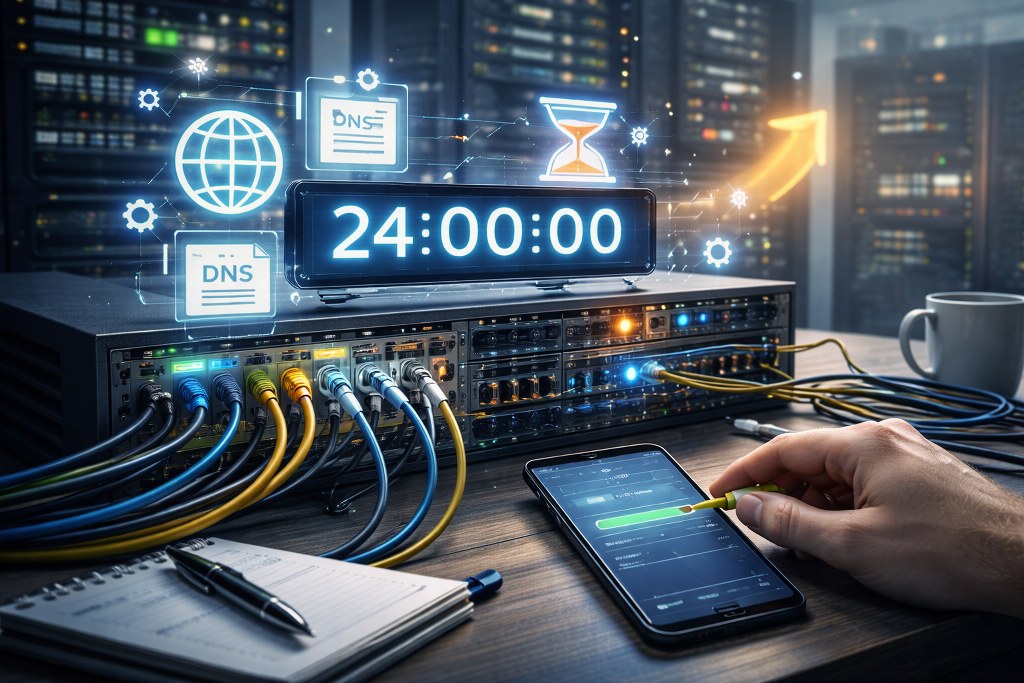 A realistic server-room scene illustrating DNS settings being prepared in advance to ensure a smooth and fast server transition.