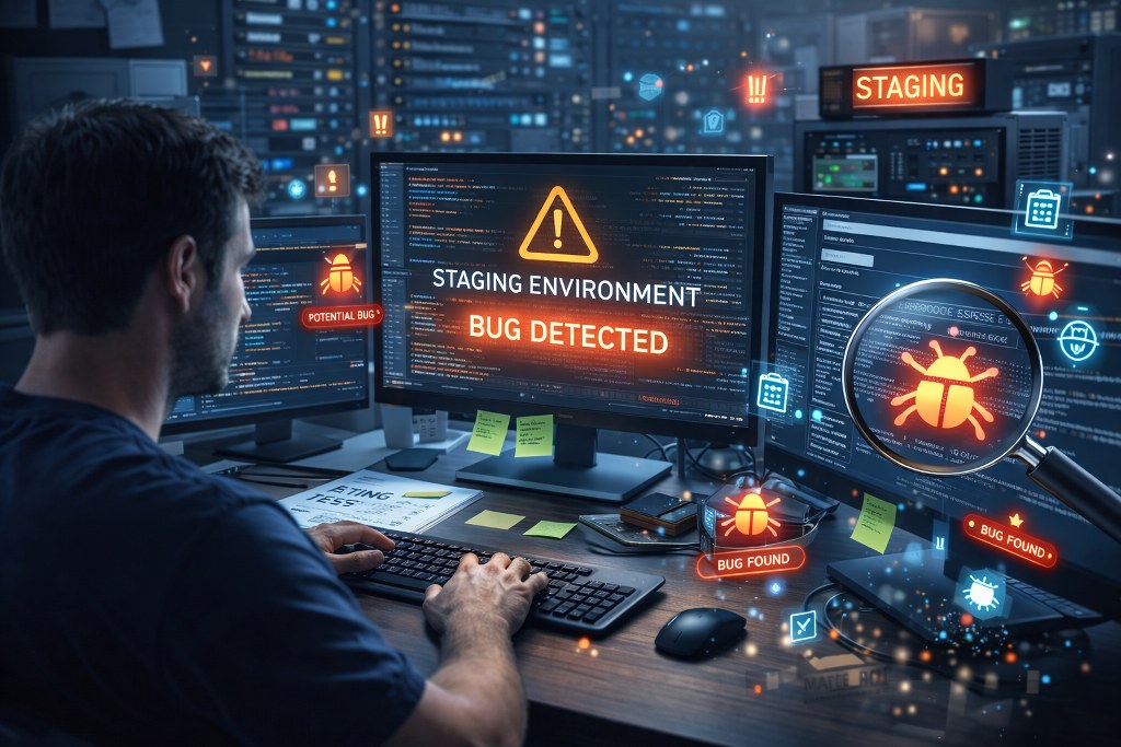 A realistic staging environment where developers test and detect bugs before changes go live, ensuring a stable and reliable deployment.