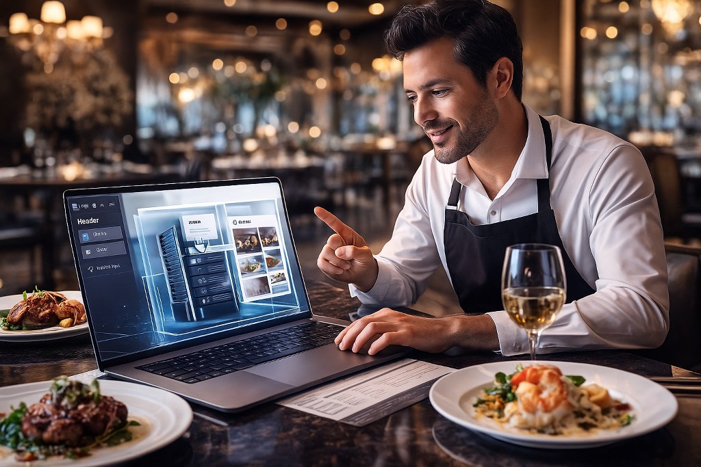 A restaurant owner in an upscale dining room uses a drag-and-drop website builder on his laptop while surrounded by gourmet dishes.